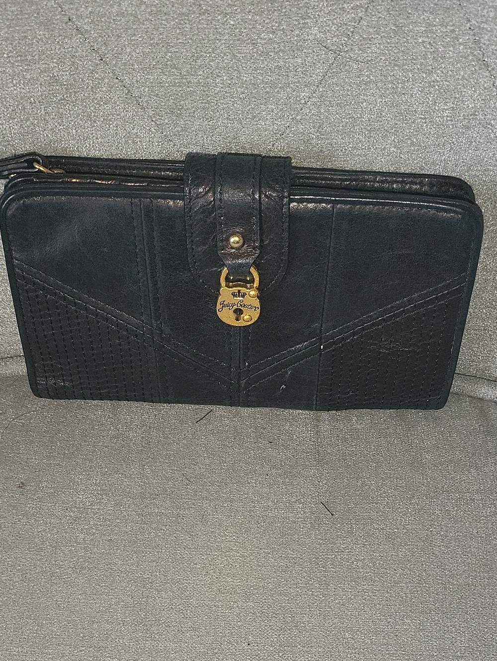 Juicy Couture Black Leather Zip Around Wallet with Gold Lock Detail